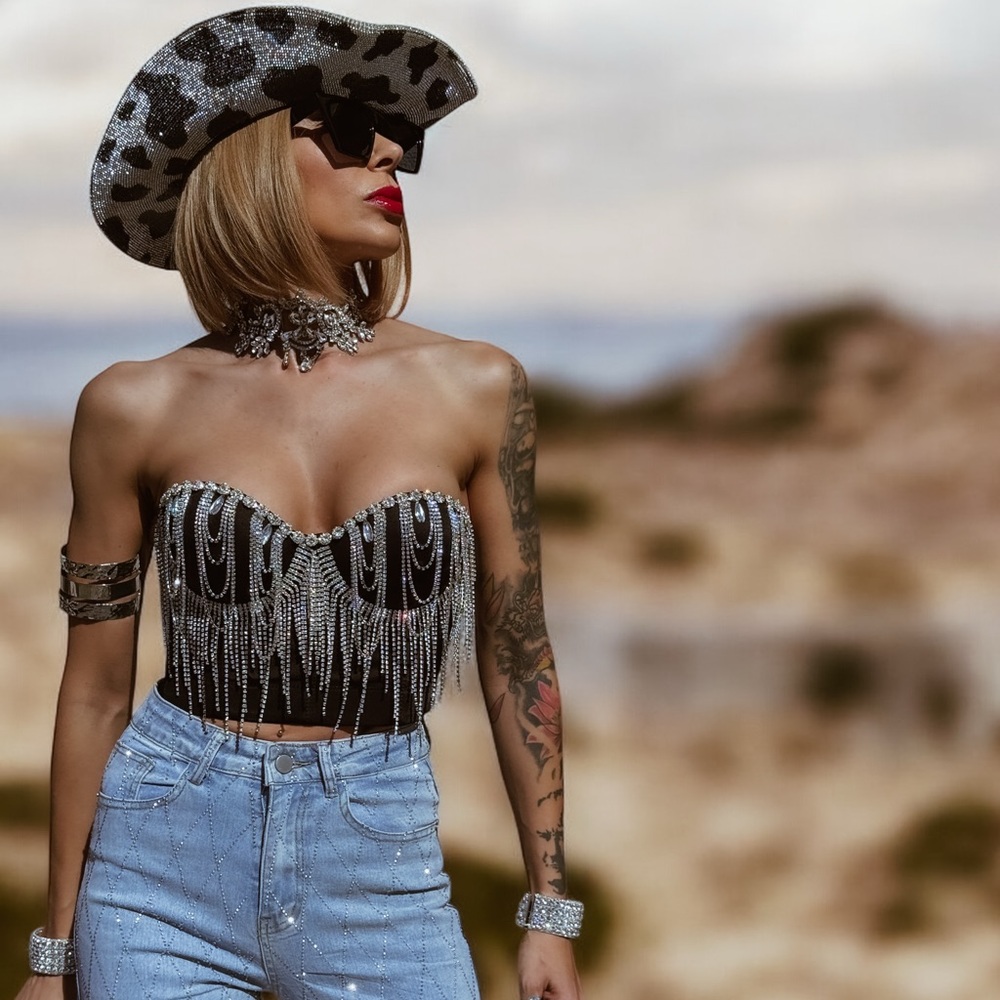 Cowboy Carter Rhinestone Fringe Bustier Top, Western Cowgirl Festival Top